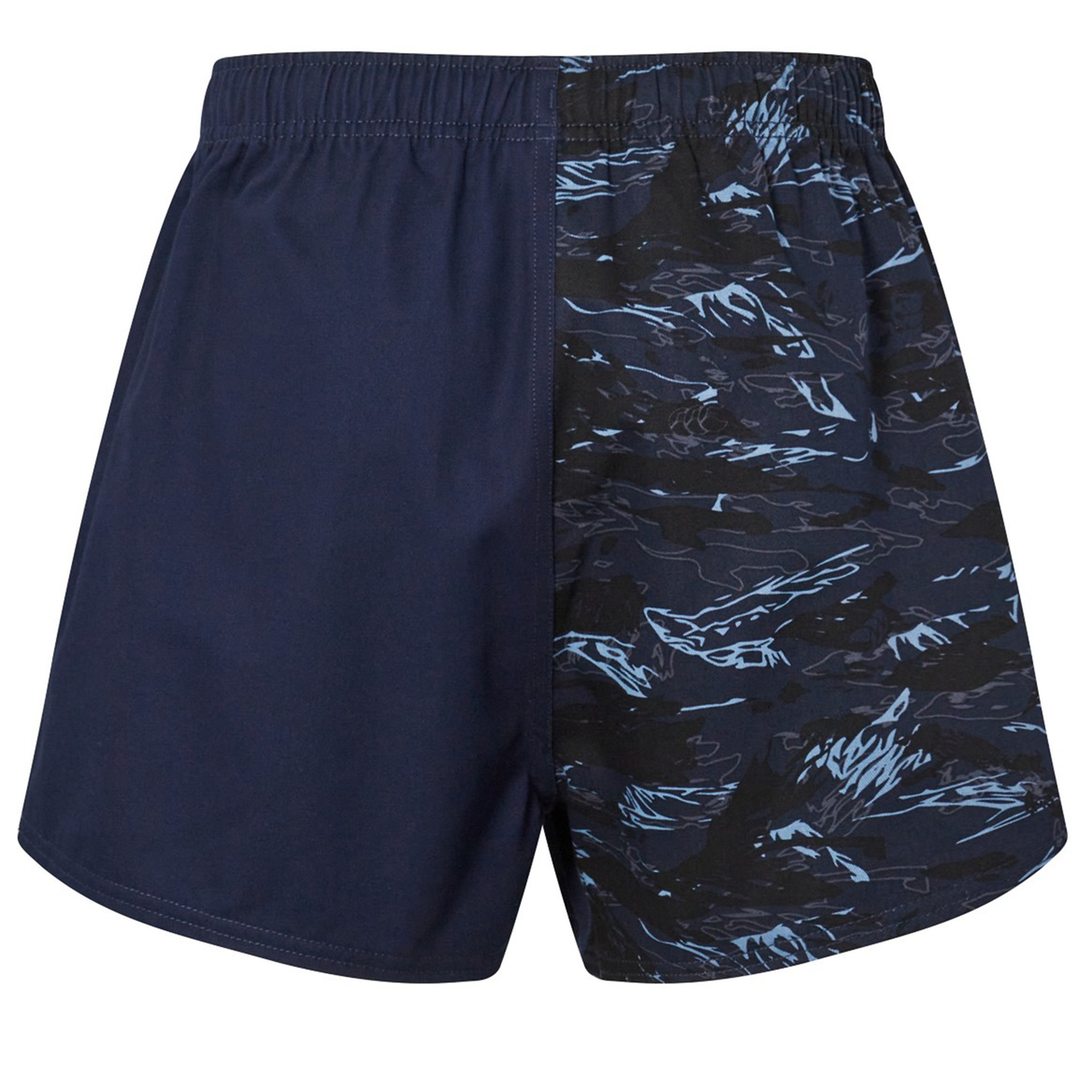 The Force Harlequin Drill Shorts by Canterbury feature one leg in solid navy and the other in a blue and black abstract camo, blending classic Canterbury design with bold Force style.