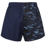 The Force Harlequin Drill Shorts by Canterbury feature one leg in solid navy and the other in a blue and black abstract camo, blending classic Canterbury design with bold Force style.
