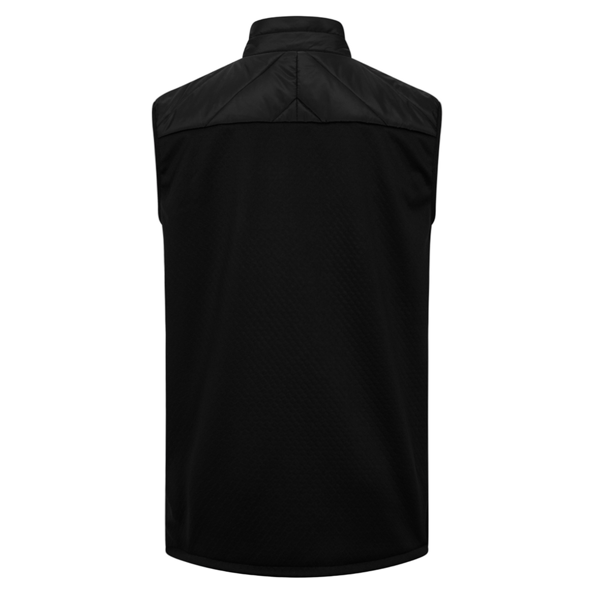 Back view of the Ireland 25/26 Elite Gilet by Canterbury—a black sleeveless vest with a high collar and shoulder yoke detail, ideal for dedicated Ireland rugby fans.
