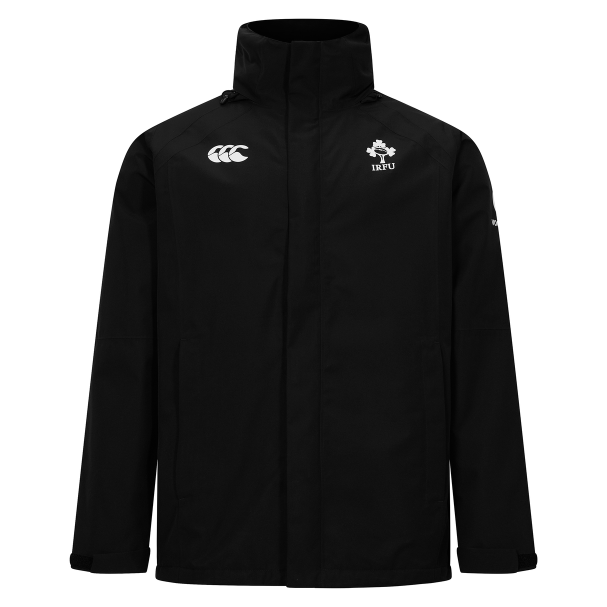 The Canterbury Ireland 25/26 Water Resistant Insulated Jacket is black with a high collar and features the Canterbury logo on the right chest and IRFU logo on the left.