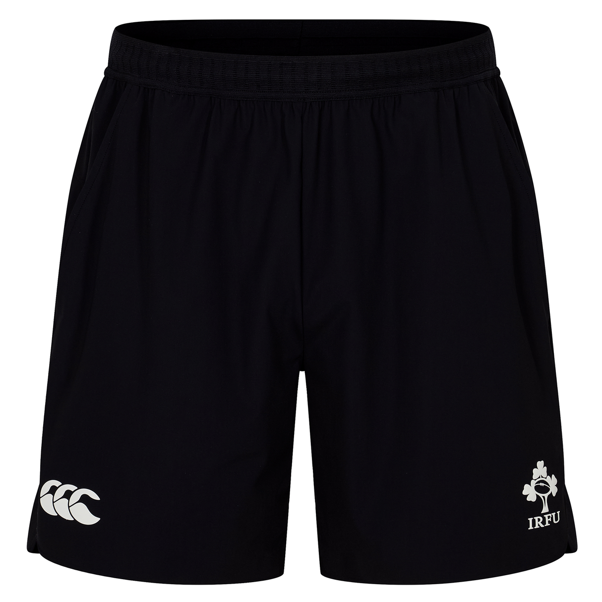 The Ireland 25/26 Gym Training Short by Canterbury features black fabric, an elastic waistband, the Canterbury logo on the left leg, and the IRFU logo on the right leg—perfect for gym sessions.