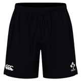 The Ireland 25/26 Gym Training Short by Canterbury features black fabric, an elastic waistband, the Canterbury logo on the left leg, and the IRFU logo on the right leg—perfect for gym sessions.