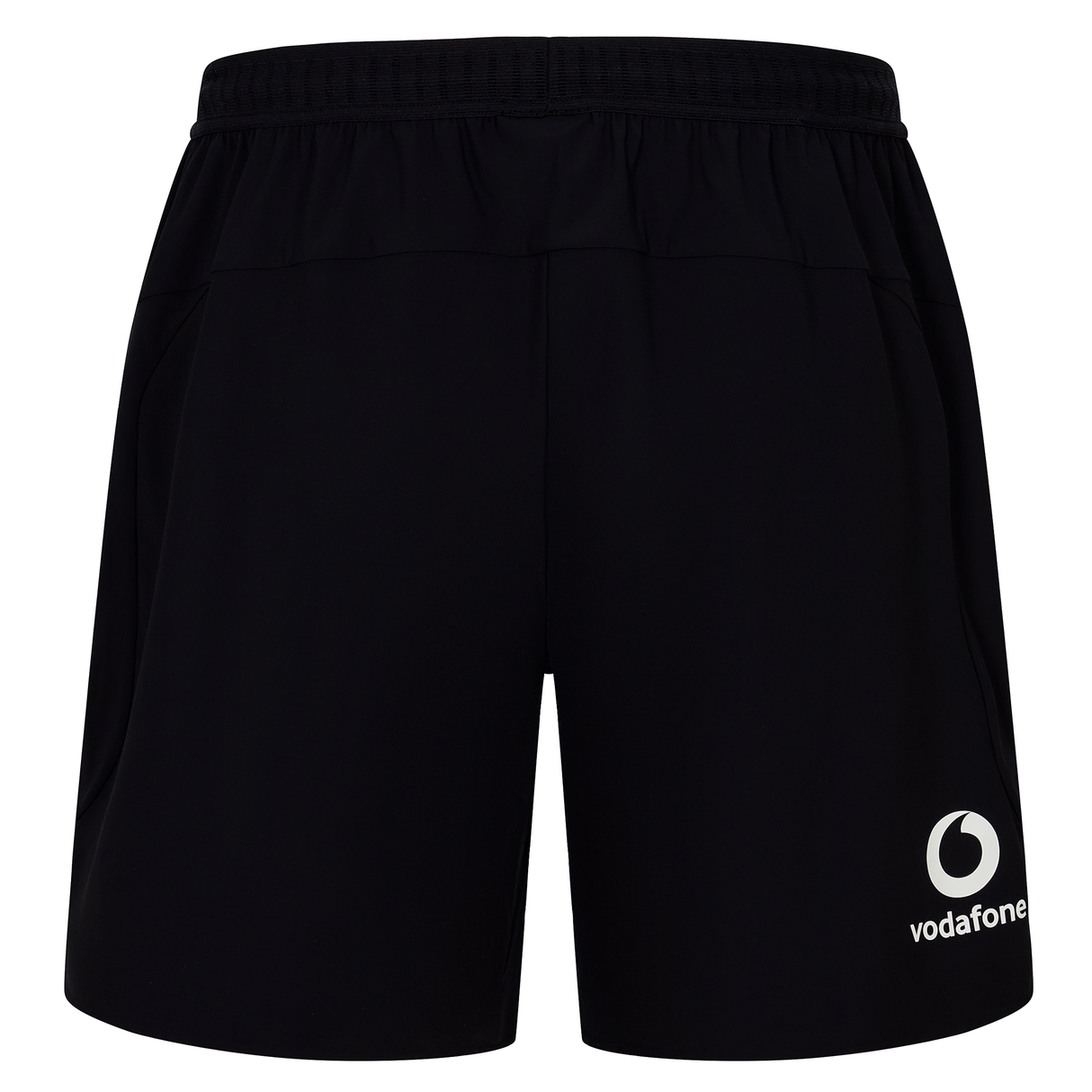 The Ireland 25/26 Gym Training Short by Canterbury features an elastic waistband and a white Vodafone logo on the lower right leg. Ideal for gym sessions or rugby training, these black IRFU shorts combine comfort and style.