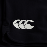 Close-up of black fabric with a white Canterbury logo—three overlapping C’s—featured on the official Ireland 25/26 Gym Training Short by Canterbury.