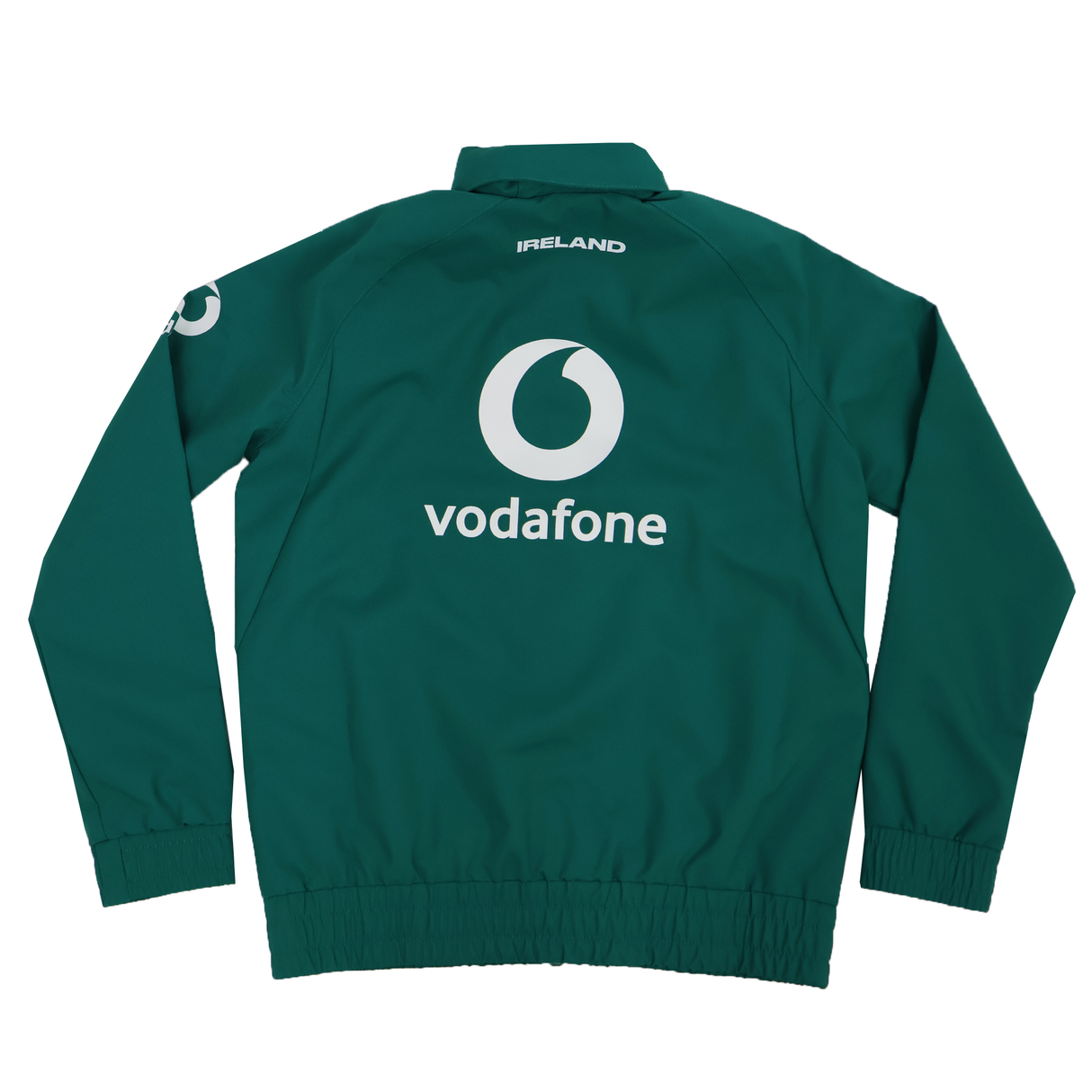 The Youth Ireland 25/26 Anthem Track Jacket by Canterbury features a "vodafone" logo on the back, "IRELAND" near the collar, and right sleeve logos—perfect for young Ireland rugby fans.
