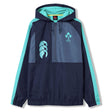 Show your support with the Ireland 26 Legends 1/4 Zip Jacket by Canterbury—featuring a navy blue and teal design, front pocket, zip neck, and official IRFU and Canterbury logos on the chest. This authentic rugby jacket is ideal for dedicated fans.