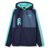 Show your support with the Ireland 26 Legends 1/4 Zip Jacket by Canterbury—featuring a navy blue and teal design, front pocket, zip neck, and official IRFU and Canterbury logos on the chest. This authentic rugby jacket is ideal for dedicated fans.