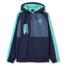 Show your support with the Ireland 26 Legends 1/4 Zip Jacket by Canterbury—featuring a navy blue and teal design, front pocket, zip neck, and official IRFU and Canterbury logos on the chest. This authentic rugby jacket is ideal for dedicated fans.