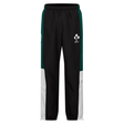 The Ireland Legends Track Pant by Canterbury features black fabric, green and white side panels, an elastic waistband, and the IRFU logo on the left thigh.