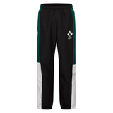 The Ireland Legends Track Pant by Canterbury features black fabric, green and white side panels, an elastic waistband, and the IRFU logo on the left thigh.
