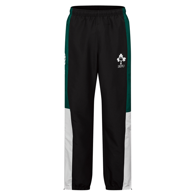 The Ireland Legends Track Pant by Canterbury features black fabric, green and white side panels, an elastic waistband, and the IRFU logo on the left thigh.
