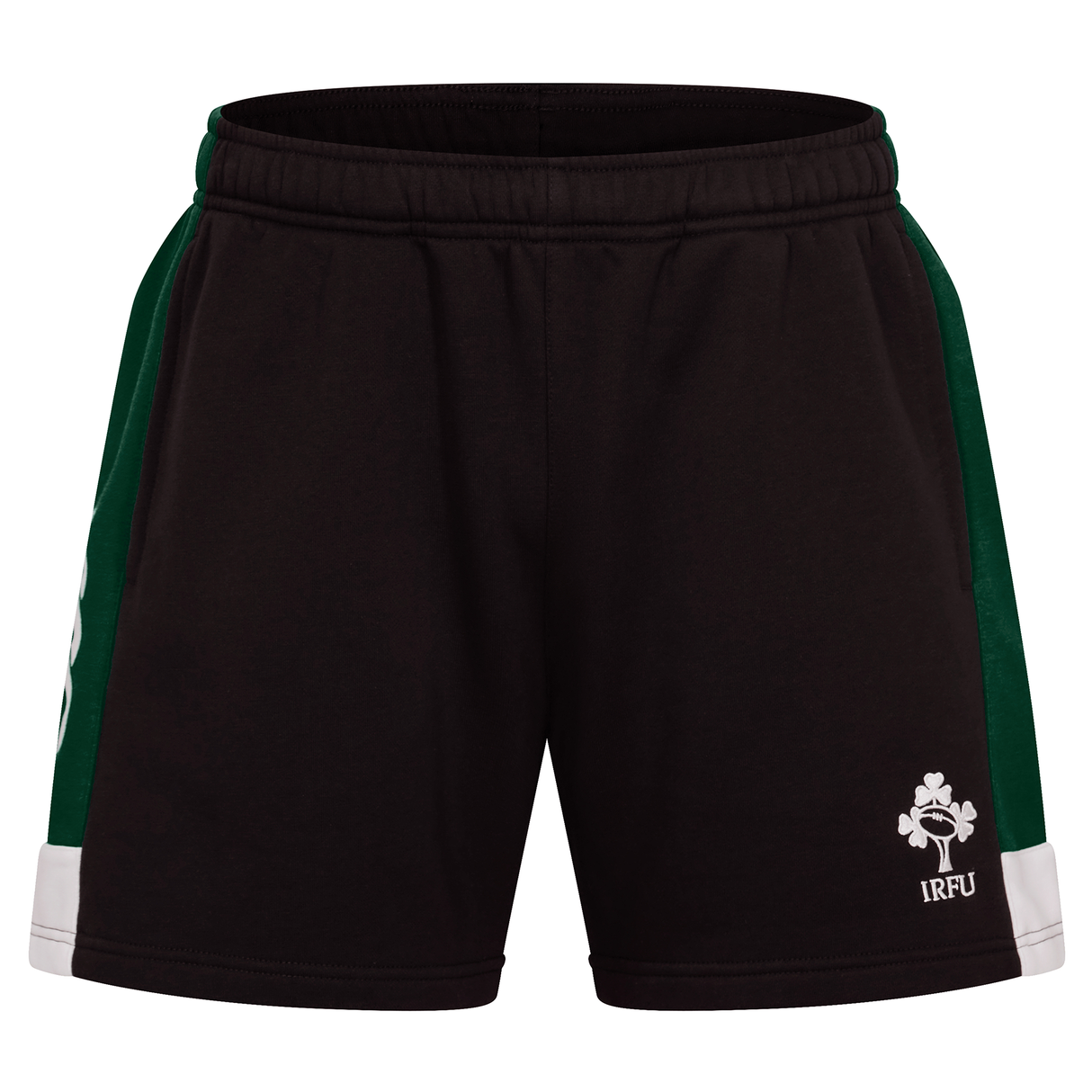 The Ireland Legends 7" Shorts by Canterbury feature green side panels, white accents, and the IRFU logo on the lower right leg—ideal for fans of Ireland shorts.