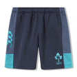 Ireland 26 Legends 7″ Shorts by Canterbury feature a navy blue design with teal panels, the official IRFU logo on the right leg, and a stylized graphic on the left leg. These athletic shorts have an elastic waistband and are ideal for fans looking for authentic Canterbury Ireland gear.