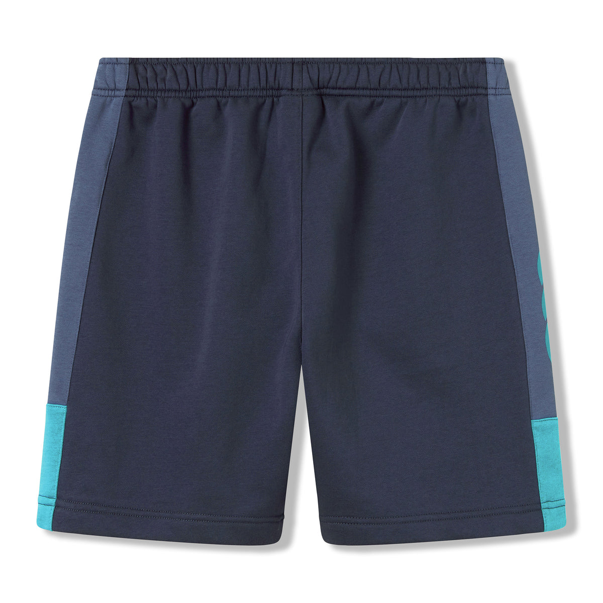 The Ireland 26 Legends 7″ Shorts by Canterbury feature a navy blue design with teal side accents, an elastic waistband, and a straight hem, evoking the classic style of Canterbury’s Ireland rugby shorts, and are shown against a white background.