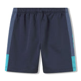 The Ireland 26 Legends 7″ Shorts by Canterbury feature a navy blue design with teal side accents, an elastic waistband, and a straight hem, evoking the classic style of Canterbury’s Ireland rugby shorts, and are shown against a white background.