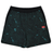 The Canterbury Tempo+Woven 5" Short features a green abstract pattern, black side panels, elastic waistband, and a red Canterbury logo—breathable gym shorts perfect for any workout.