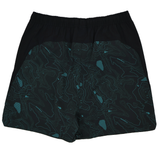 The Canterbury Tempo+Woven 5" Short in black and dark green features an abstract topographic line pattern and elastic waistband, offering breathable comfort and style for men during any workout.