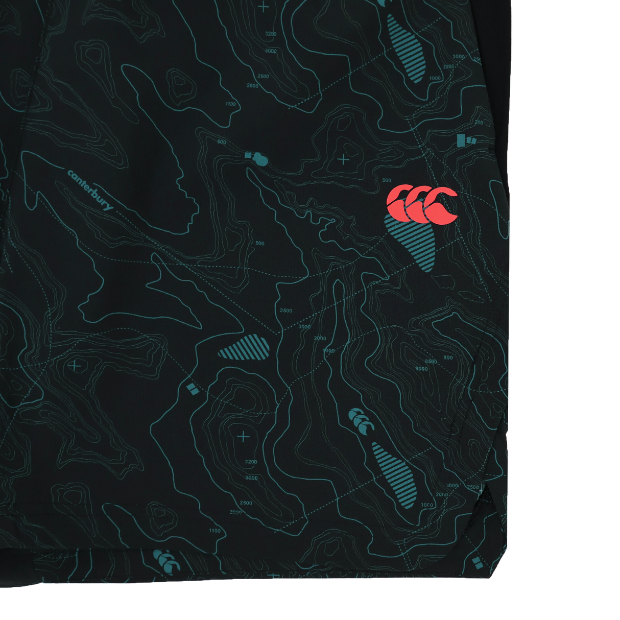The Canterbury Tempo+Woven 5" Short features black fabric with green contour map patterns and a red Canterbury logo, offering breathable comfort and style for men's gym sessions, active training, or casual wear.