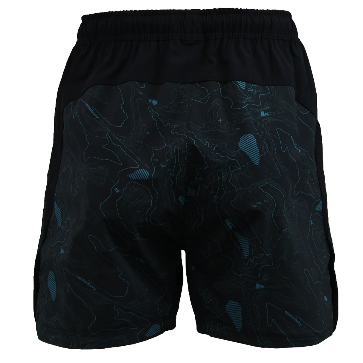 The Canterbury Tempo+Woven 5" Shorts from Canterbury feature an abstract topographic back design and elastic waistband—perfect breathable gym shorts for any workout.