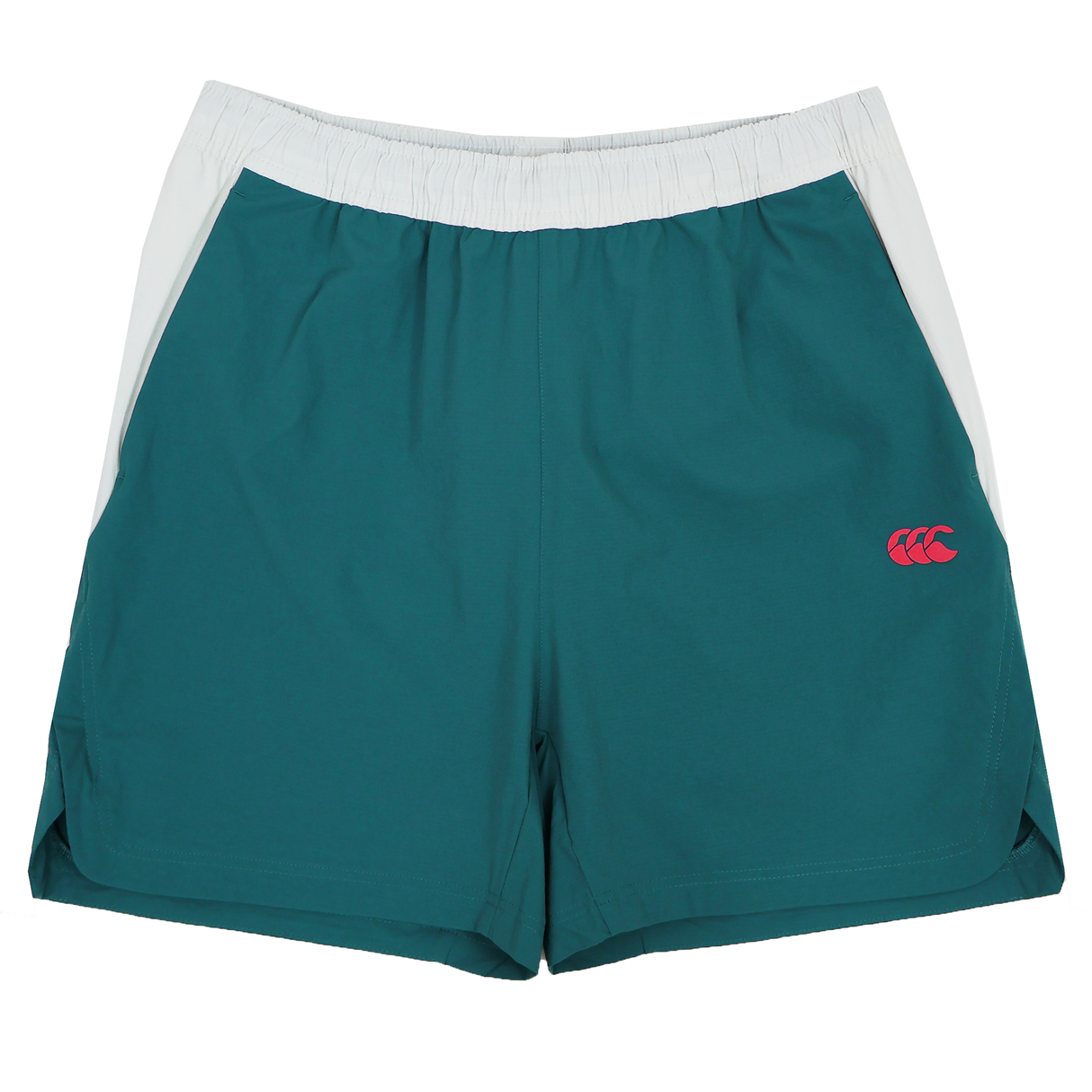 The Canterbury Tempo+Woven 5" Short for men features white side panels, a breathable design, elastic waistband, and a small red logo—ideal men's athletic shorts for any workout.