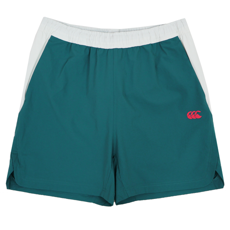 The Canterbury Tempo+Woven 5" Short for men features white side panels, a breathable design, elastic waistband, and a small red logo—ideal men's athletic shorts for any workout.