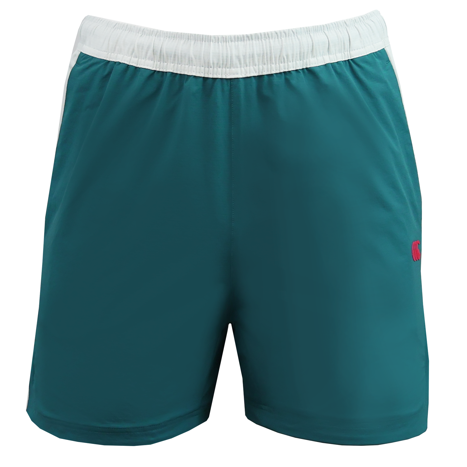 The Canterbury Tempo+Woven 5" Short by Canterbury features a teal color, white elastic waistband, and a small red logo on the left leg—ideal breathable gym shorts for any workout.