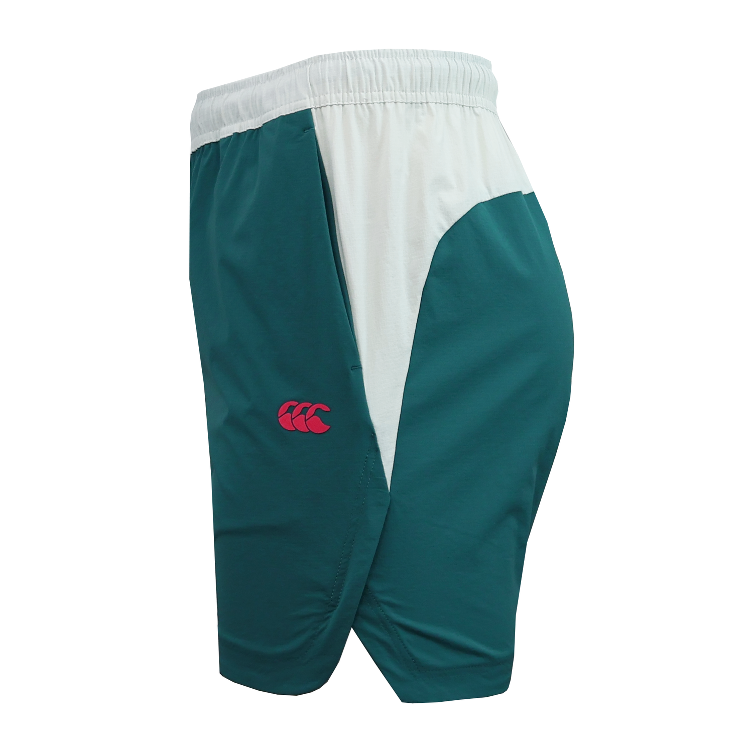 The Canterbury Tempo+Woven 5" Short, men's green and white athletic shorts with an elastic waistband and red logo on the left leg, is shown against a plain white background.