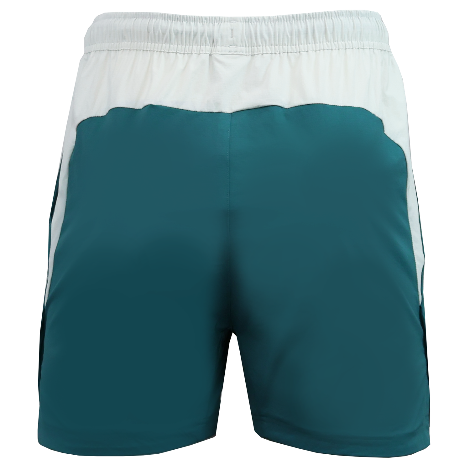 The Canterbury Tempo+Woven 5" Short for men features an elastic waistband, a teal lower section, and a white upper section—ideal breathable gym shorts for any workout.
