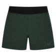 Canterbury Everest Woven Short 5" in dark green features a black elastic waistband, side pockets, and four-way stretch fabric for comfort and mobility, shown on a plain white background.