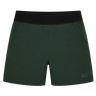 Canterbury Everest Woven Short 5" in dark green features a black elastic waistband, side pockets, and four-way stretch fabric for comfort and mobility, shown on a plain white background.