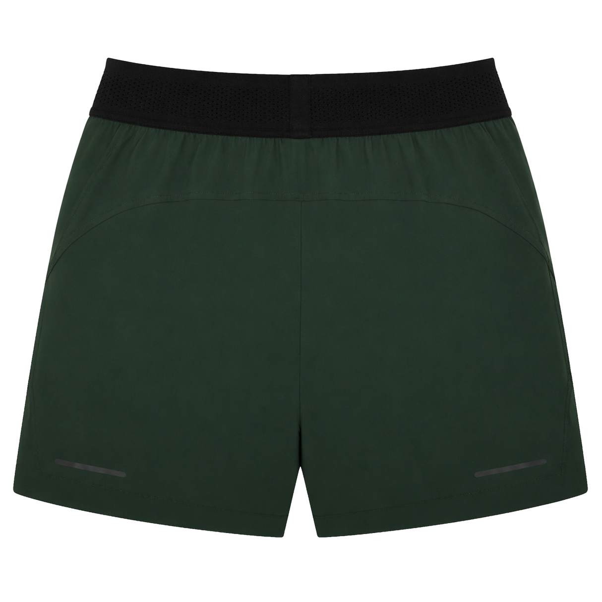 The Canterbury Everest Woven Short 5" in dark green has a black elastic waistband, subtle seam details, and two small reflective strips near the hem. Made from four-way stretch fabric, it's designed for optimal comfort during performance training.