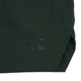 Close-up of a dark green four-way stretch fabric used in the Canterbury Everest Woven Short 5", featuring a black Canterbury logo with three overlapping curved shapes.