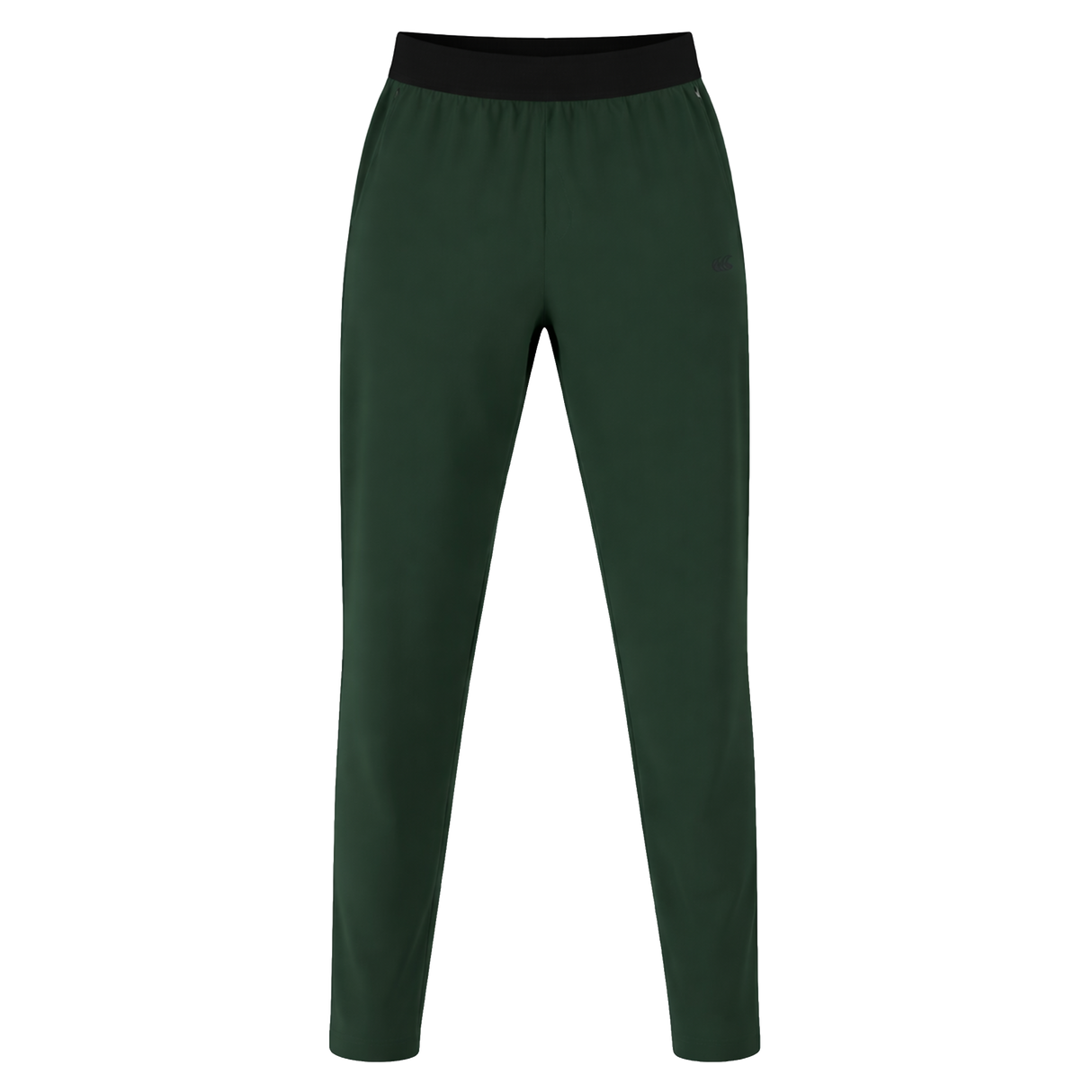 The Canterbury Everest Woven Pant 30" in dark green features a black elastic waistband, sweat-wicking fabric, and four-way stretch for comfort, shown on a white background.