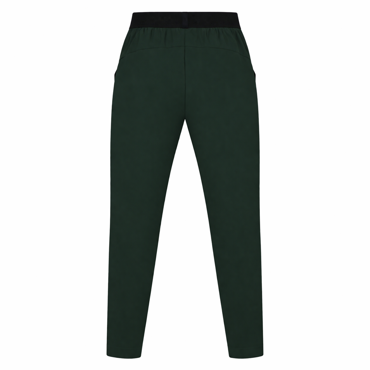 Back view of the Canterbury Everest Woven Pant 30" in dark green by Canterbury, featuring an elastic black waistband, side pockets, and sweat-wicking fabric.