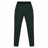 Back view of the Canterbury Everest Woven Pant 30" in dark green by Canterbury, featuring an elastic black waistband, side pockets, and sweat-wicking fabric.