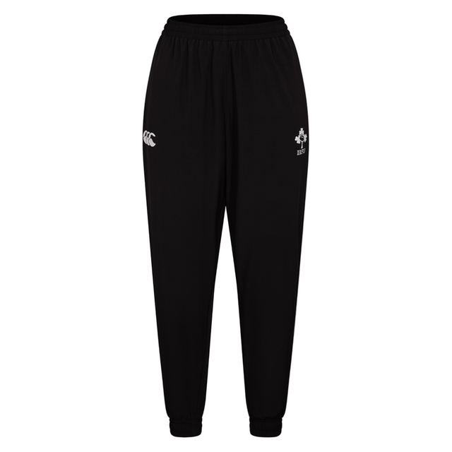 The Women's Ireland 25/26 Training Pant by Canterbury features an elastic waistband, ankle cuffs, and two white embroidered logos—perfect for comfort and style during Ireland training sessions.