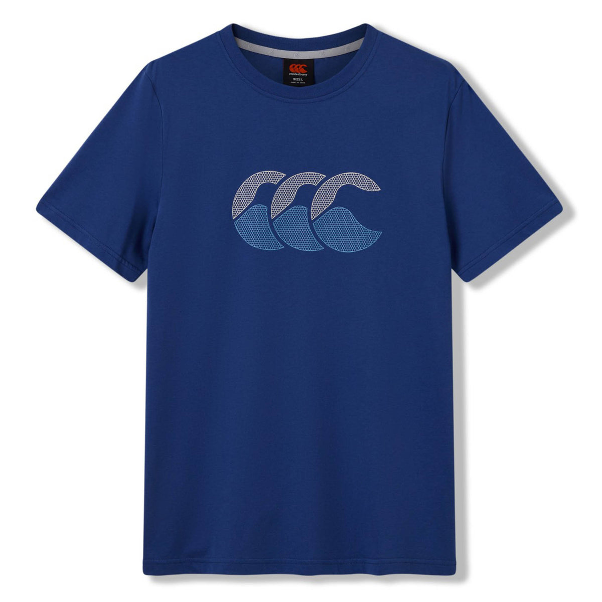 The Canterbury Fundamentals T-shirt by Canterbury is a blue short-sleeve shirt with a bold white “CCC” logo on the chest, ideal for athletic casual outfits or as a timeless rugby t-shirt.
