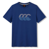 The Canterbury Fundamentals T-shirt by Canterbury is a blue short-sleeve shirt with a bold white “CCC” logo on the chest, ideal for athletic casual outfits or as a timeless rugby t-shirt.