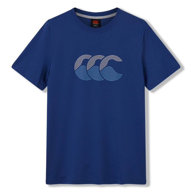 The Canterbury Fundamentals T-shirt by Canterbury is a blue short-sleeve shirt with a bold white “CCC” logo on the chest, ideal for athletic casual outfits or as a timeless rugby t-shirt.