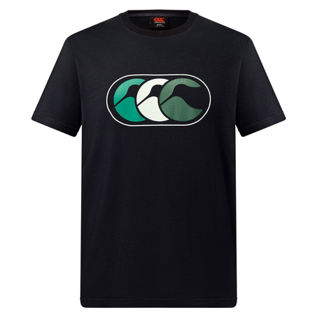 The Canterbury FUN. T-SHIRT AM is a black short-sleeve tee featuring a stylized green, white, and teal wave logo on the chest.