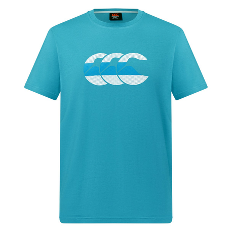 A blue Canterbury FUN. T-SHIRT AM featuring stylish white and blue text.