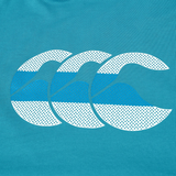 The Canterbury FUN. T-SHIRT AM features three stylized blue and white wave shapes with dotted patterns on a teal background—a playful, Canterbury-inspired design perfect for any fun occasion.