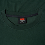 Close-up of a dark green Canterbury FUN. T-SHIRT AM, focusing on the collar and inside label showing size L and made in China.