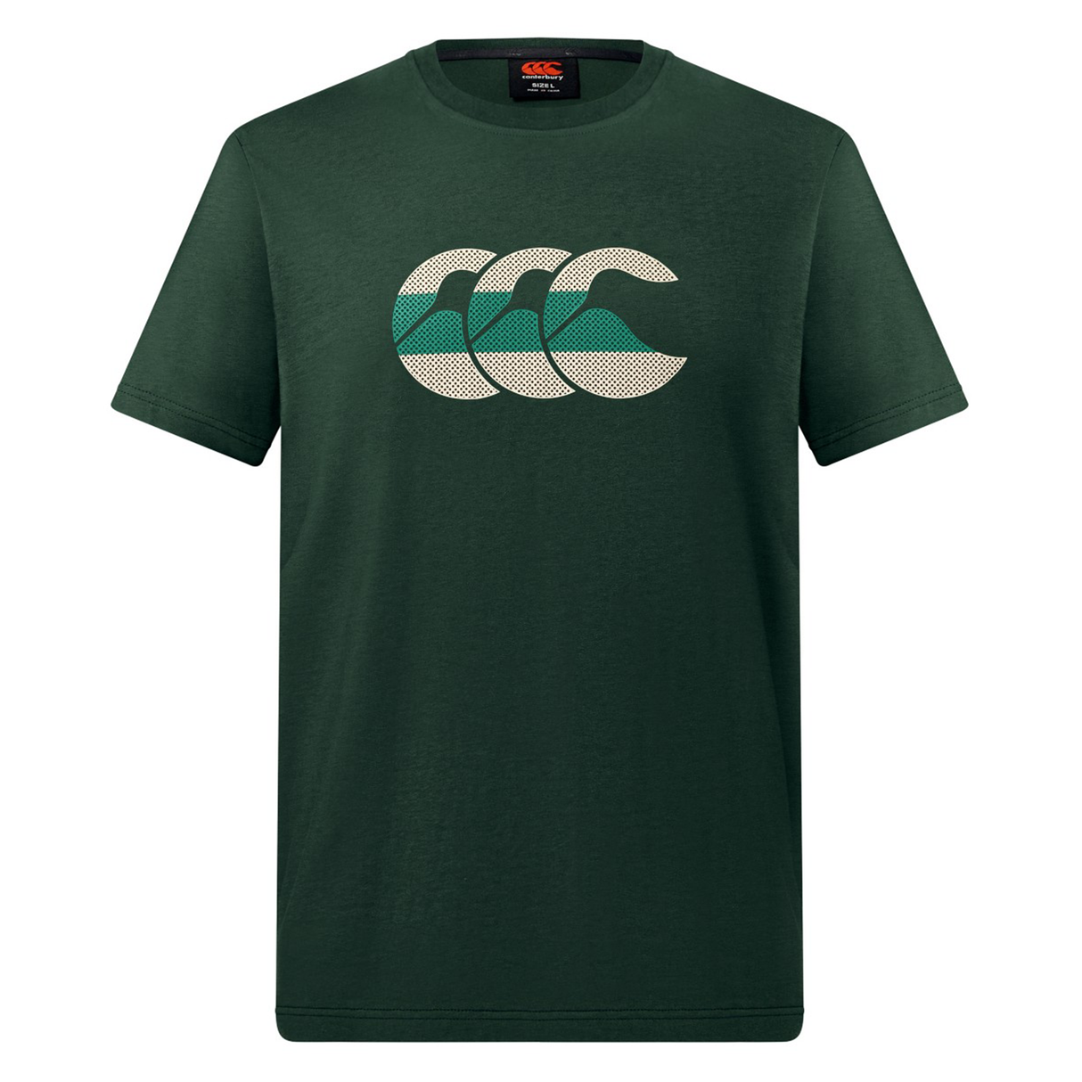 The Canterbury FUN. T-SHIRT AM is a dark green short-sleeve tee featuring a triple "CCC" logo with a green and white wave design on the chest.