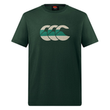 The Canterbury FUN. T-SHIRT AM is a dark green short-sleeve tee featuring a triple "CCC" logo with a green and white wave design on the chest.