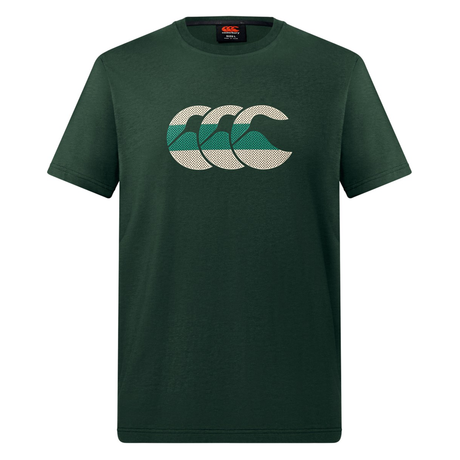The Canterbury FUN. T-SHIRT AM is a dark green short-sleeve tee featuring a triple "CCC" logo with a green and white wave design on the chest.