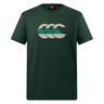 The Canterbury FUN. T-SHIRT AM is a dark green short-sleeve tee featuring a triple "CCC" logo with a green and white wave design on the chest.
