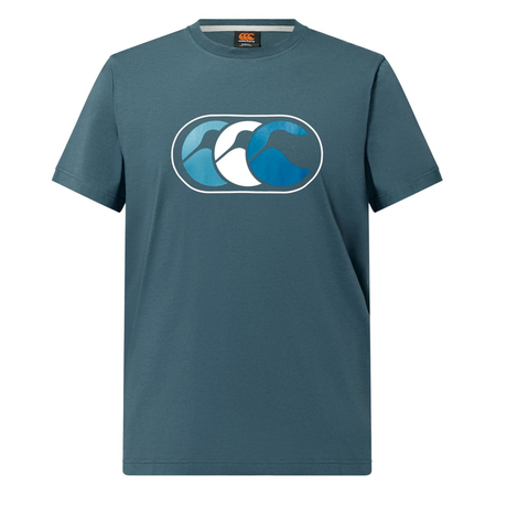 The FUN. T-SHIRT AM by Canterbury is a blue short-sleeve tee featuring a stylized wave logo in white and blue on the chest, perfect for adding a fun, casual Canterbury-inspired touch to your wardrobe.