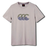 The Canterbury Fundamentals T-shirt by Canterbury is a light gray short-sleeve tee, featuring three stylized wave graphics in green and blue across the chest—ideal for athletic casual wear.