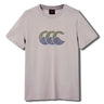 The Canterbury Fundamentals T-shirt by Canterbury is a light gray short-sleeve tee, featuring three stylized wave graphics in green and blue across the chest—ideal for athletic casual wear.